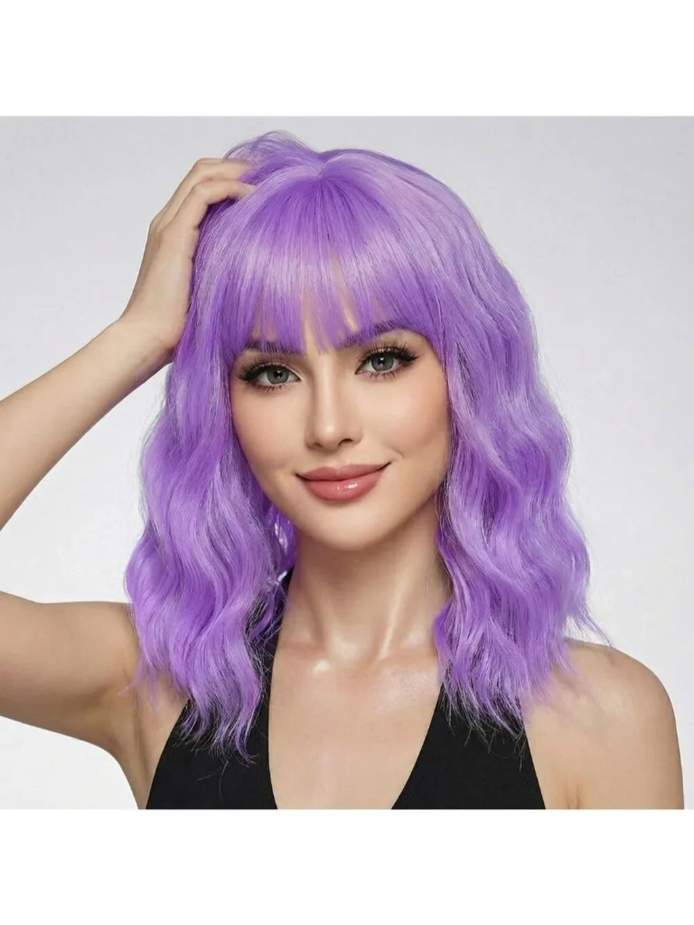 Women's Purple 14 Inch Short Shoulder Length Synthetic Bangs Wavy Bob Wig